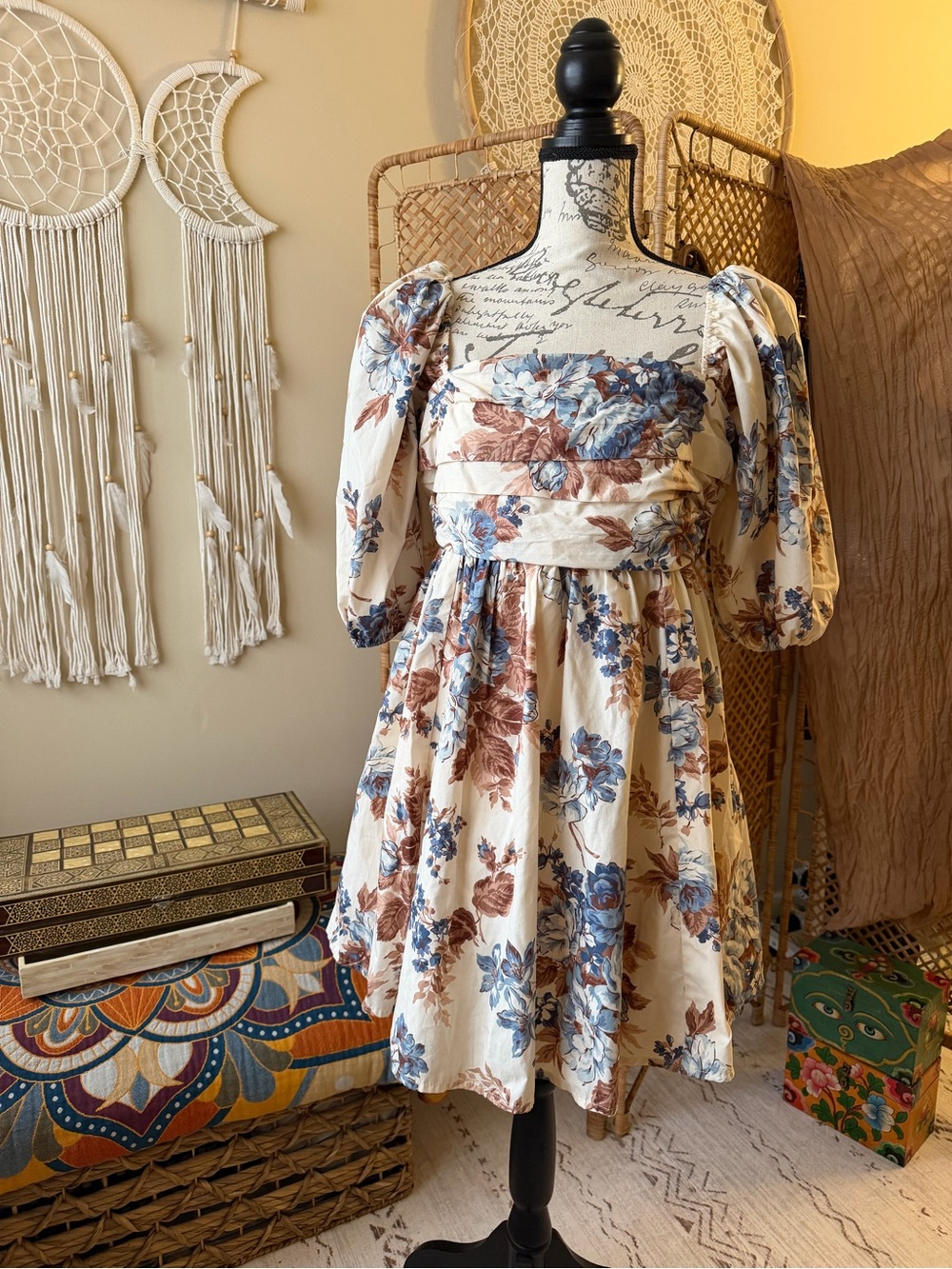 Abercrombie & Fitch Cream Mini Dress with Blue and Brown Floral Print